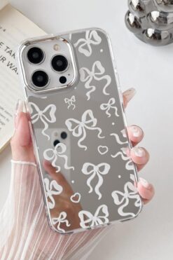 KVK PRİVACY Apple iPhone 16 Pro Max Uyumlu Aynalı Kılıf Beyaz Fiyonk Desenli Darbelere Dayanıklı Kapak