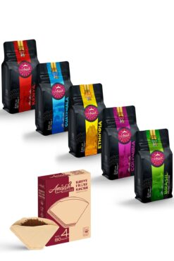 Anisah Coffee Dünya Filtre Kahveleri Tadım Seti 5 X 250 gram (ÖĞÜTÜLMÜŞ) | No 4 Filtre Kağıdı Hediyeli (80 adet)