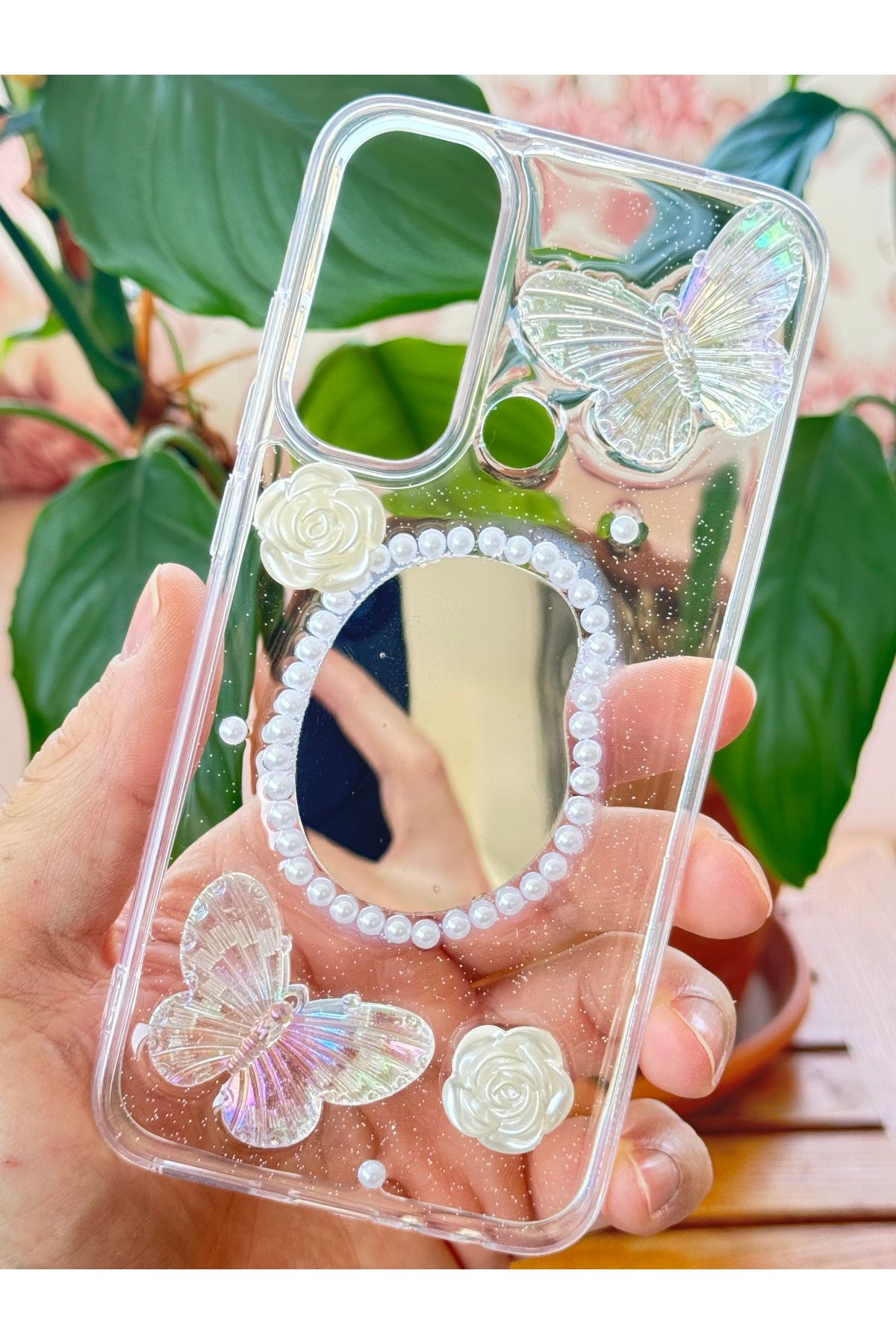 Fibaks Xiaomi Redmi Note 8 Kılıf 3D Kelebek Gül Desenli Aynalı Simli Şeffaf Tasarımlı Silikon Kapak