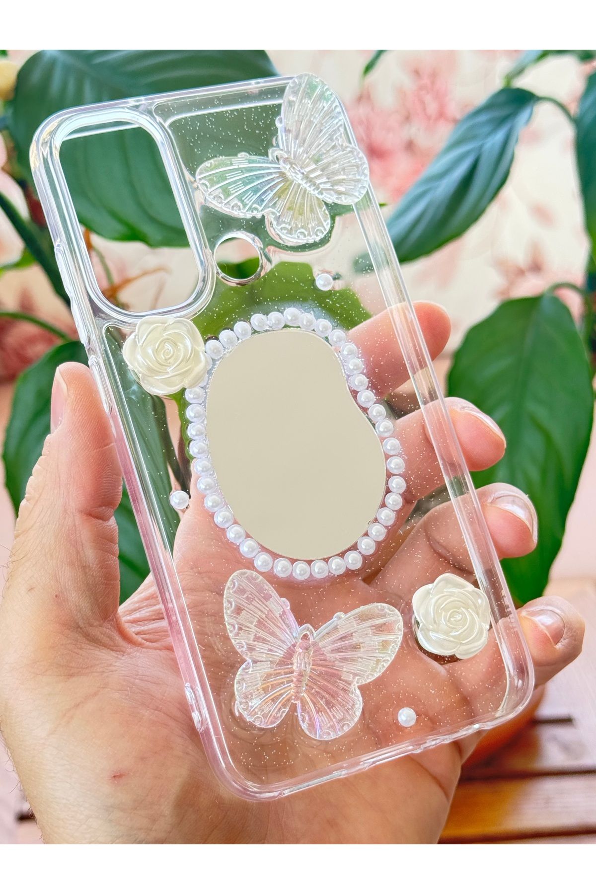 Fibaks Xiaomi Redmi Note 8 Kılıf 3D Kelebek Gül Desenli Aynalı Simli Şeffaf Tasarımlı Silikon Kapak - Görsel 2