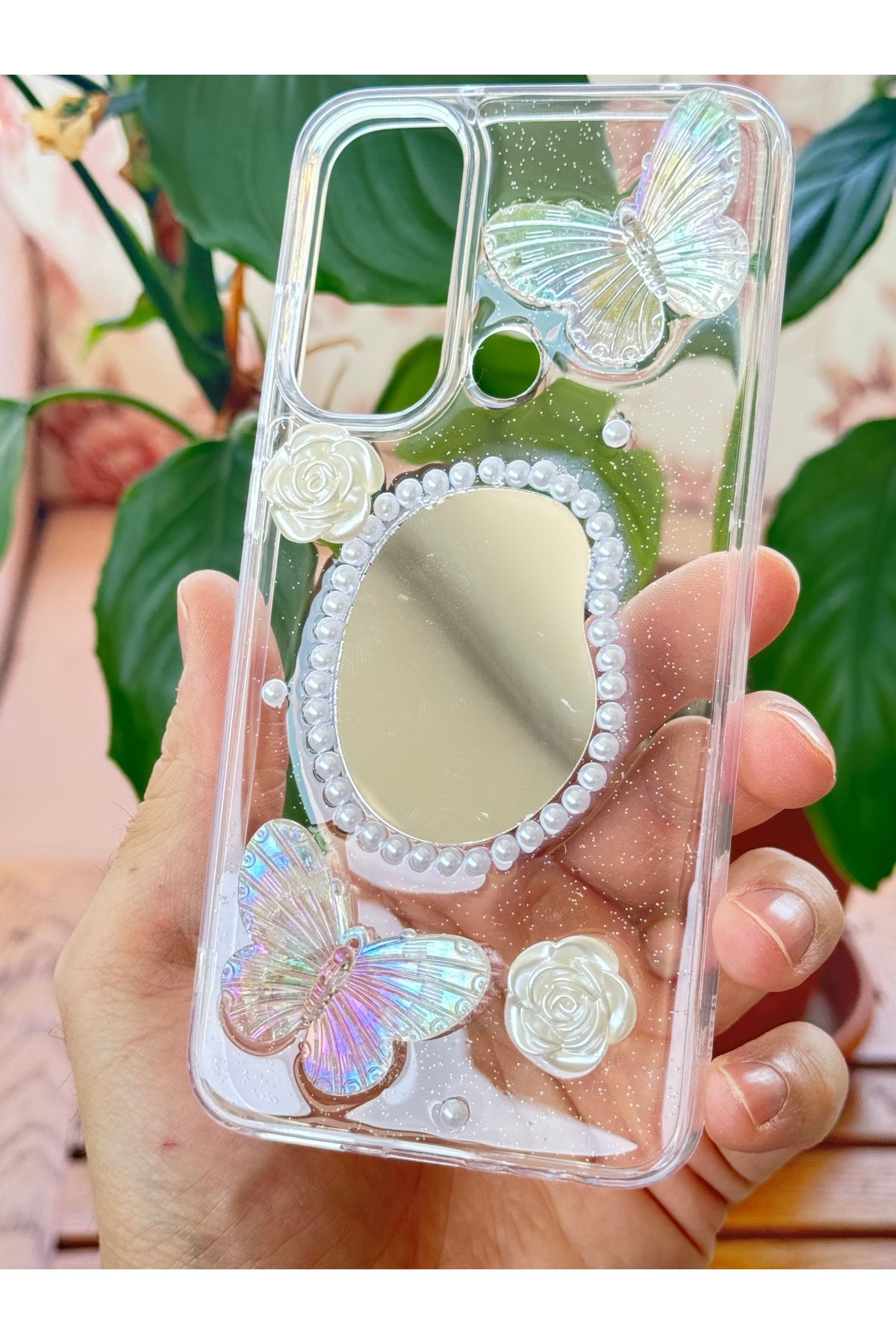 Fibaks Xiaomi Redmi Note 8 Kılıf 3D Kelebek Gül Desenli Aynalı Simli Şeffaf Tasarımlı Silikon Kapak - Görsel 4