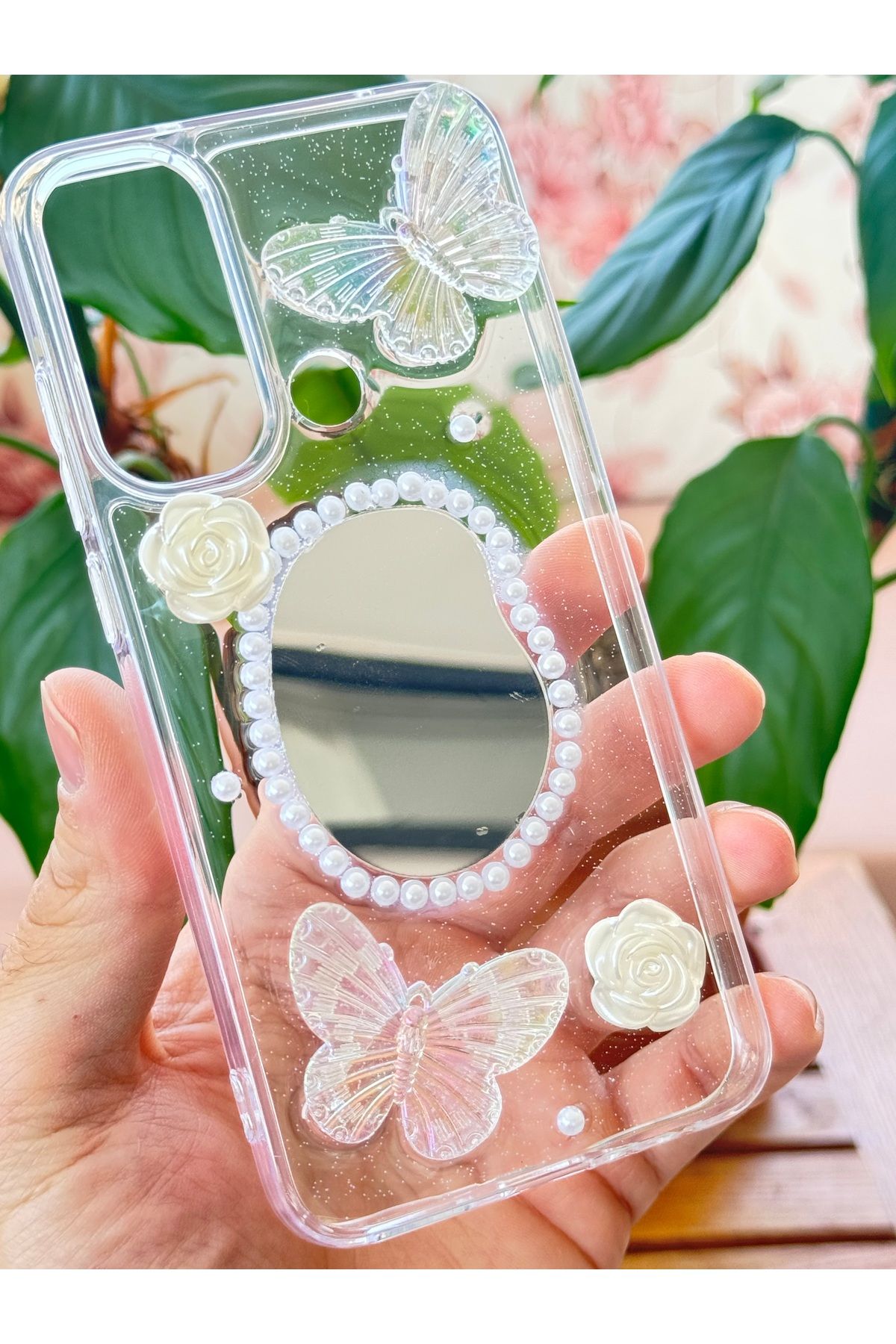 Fibaks Xiaomi Redmi Note 8 Kılıf 3D Kelebek Gül Desenli Aynalı Simli Şeffaf Tasarımlı Silikon Kapak - Görsel 5