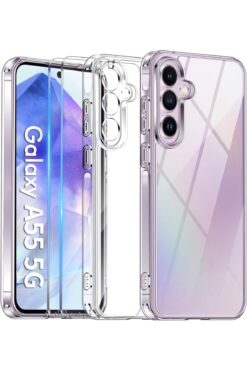 m.tk moveteck Samsung Galaxy A55 Kılıf Kamera Çıkıntılı Korumalı Yumuşak Şeffaf Silikon +9h Ekran Koruyucu Cam Set