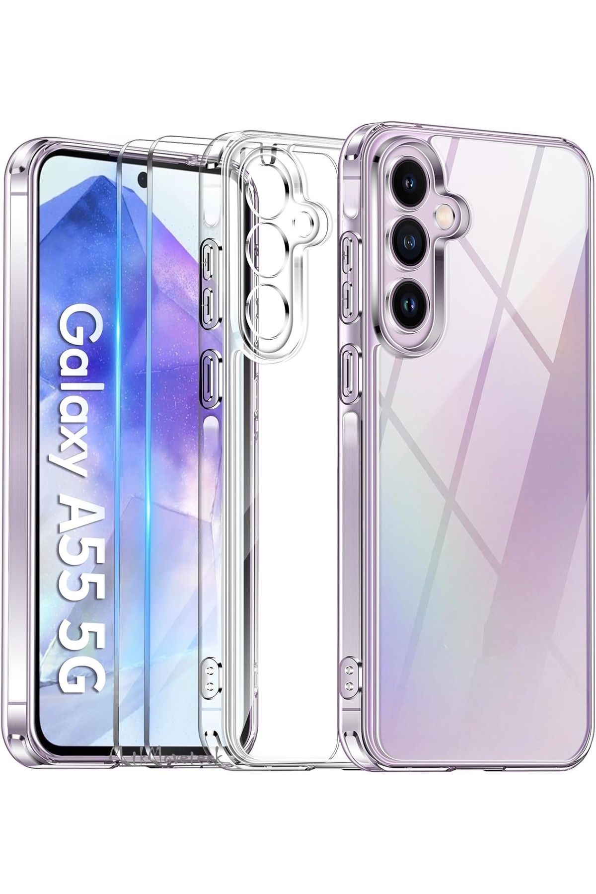 m.tk moveteck Samsung Galaxy A55 Kılıf Kamera Çıkıntılı Korumalı Yumuşak Şeffaf Silikon +9h Ekran Koruyucu Cam Set