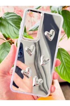 Fibaks Galaxy S24 FE Uyumlu Kılıf Aynalı Gümüş 3D Kalp Desenli Darbe Emici Silikon Kapak