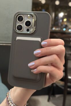 Paladyum Case iPhone 15 Pro Max Uyumlu Premium Titanyum Gri Deri Magsafe Cüzdanlı Kartlıklı Kamera Çerçeve Standlı