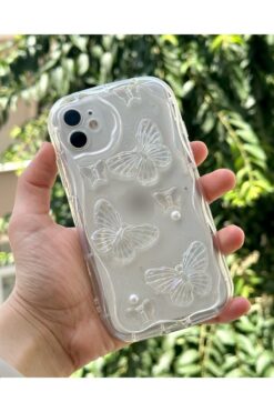 HYPERSOFT Iphone 11 Uyumlu Kelebek Desenli İnci Taşlı Kamera Koruma Çerçeveli Lux Simli Şeffaf Kılıf Kapak