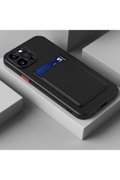 Fibaks İphone 14 Plus / 15 Plus Uyumlu Kılıf Kamera Korumalı Kartlıklı Cüzdanlı Kırmızı Tuşlu Siyah Silikon