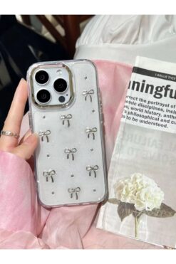 KVK PRİVACY Apple iPhone 15 Pro Uyumlu Fiyonk Desenli Şeffaf Kılıf Simli Darbeye Karşı Dayanıklı Kapak