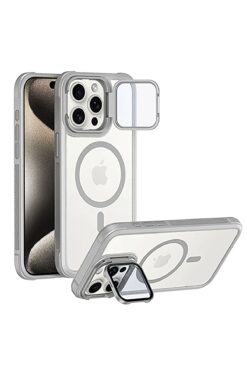 Caseji iPhone 15 Pro Max Uyumlu Kameradan Standlı Kamera Kısmı Cam Korumalı Arkası Mat Renkli Kılıf