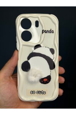 Fibaks Redmi 13c Uyumlu Kılıf Tasarımlı Desenli Kamera Korumalı Panda Beyaz Püsküllü Silikon Kapak