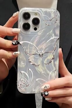 Fibaks Apple iPhone 12 Pro Max Kılıf Parlak Hologramlı Kelebek Desenli Darbe Emici Kamera Korumalı Silikon