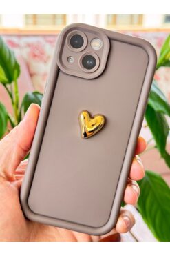 Fibaks Apple Iphone 13 Kılıf 3d Kalp Tasarımlı Kahverengi Desenli Yumuşak Kamera Korumalı Silikon Kapak