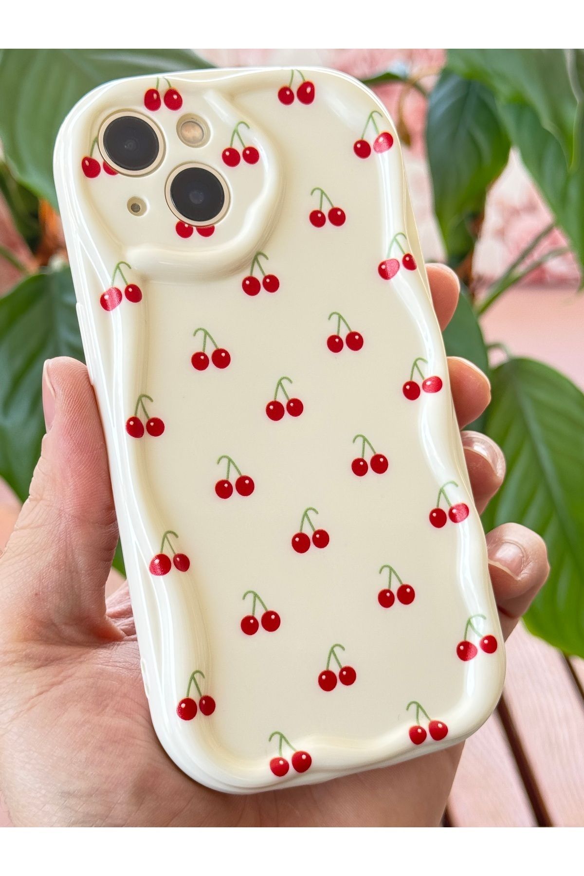 Fibaks Apple Iphone 13 Uyumlu Kılıf Kamera Korumalı Dalga Kenarlı Kiraz Desenli Yumuşak Silikon Kapak - Görsel 3