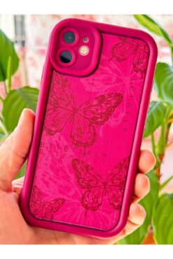 Fibaks Apple iPhone 11 Kılıf Yumuşak Dokulu Kelebek Desenli Yumuşak Kamera Korumalı Mürdüm Silikon Kapak