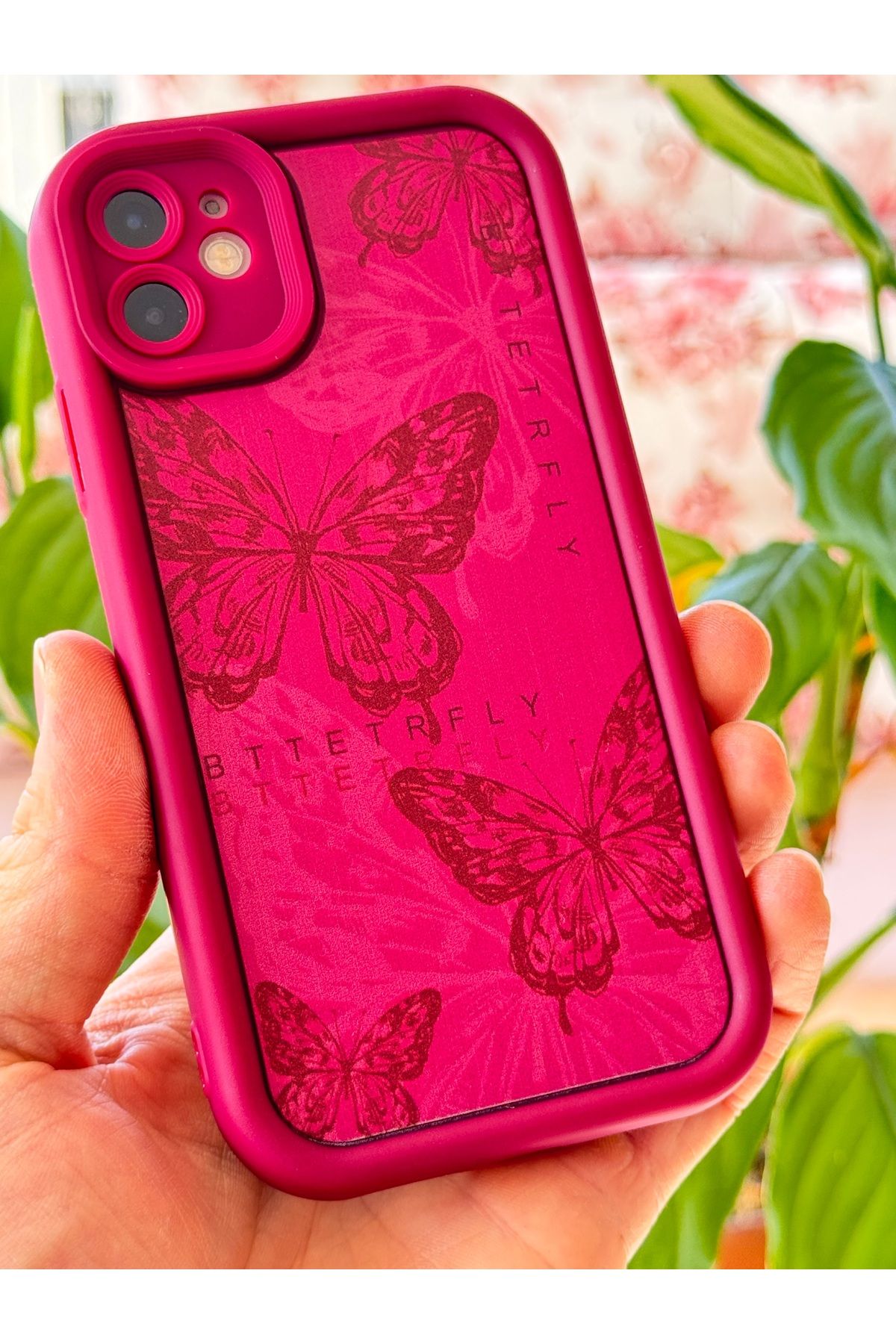 Fibaks Apple iPhone 11 Kılıf Yumuşak Dokulu Kelebek Desenli Yumuşak Kamera Korumalı Mürdüm Silikon Kapak - Görsel 4