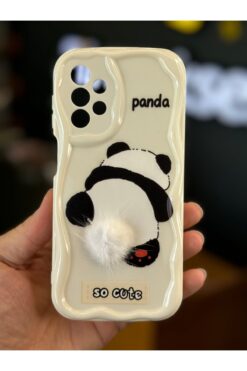 Fibaks Galaxy A32 Uyumlu Kılıf Tasarımlı Desenli Kamera Korumalı Panda Beyaz Püsküllü Silikon Kapak