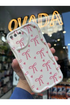OVADA iPhone 7 PLUS/8 PLUS Uyumlu Kamera Korumalı Dalgalı Kenarlı Kalp ve Kurdele Baskılı Silikon Kılıf