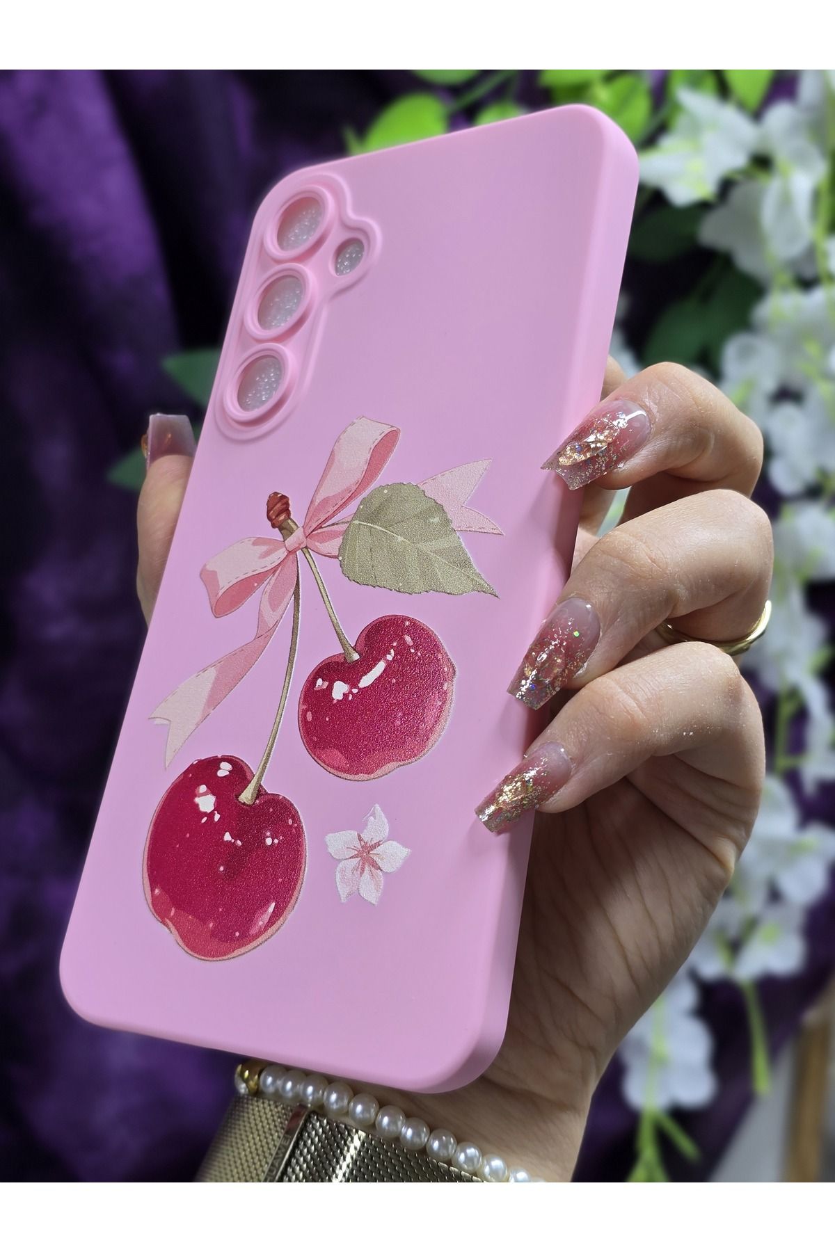 Magic Ring Samsung Galaxy A55 / Samsung A35 Uyumlu Kiraz Desenli Pembe Silikon Telefon Kılıfı - Görsel 2