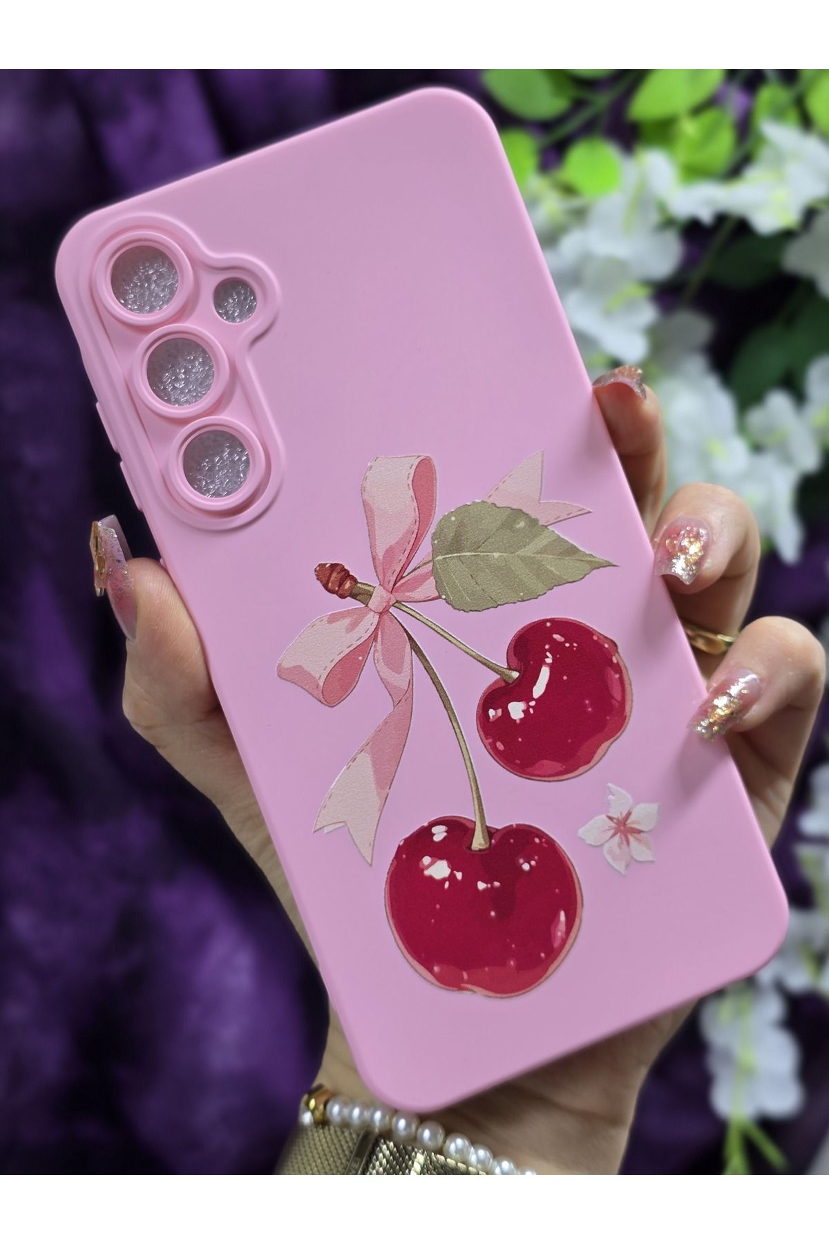 Magic Ring Samsung Galaxy A55 / Samsung A35 Uyumlu Kiraz Desenli Pembe Silikon Telefon Kılıfı - Görsel 3