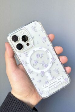 KVK PRİVACY Iphone 16 Pro Kılıf Mor Çiçek Desenli Magsafe Şeffaf Kılıf Darbeye Dayanıklı Kapak