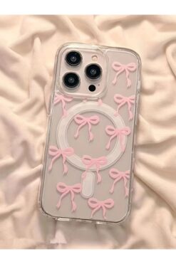 KVK PRİVACY Iphone 16 Pro Kılıf Pembe Fiyonk Desenli Magsafe Şeffaf Kılıf Darbeye Dayanıklı Kapak