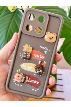 Fibaks Realme 11 4G Kılıf Tasarımlı Desenli Kamera Korumalı Ayıcık Kahve Renkli Yumuşak Silikon Kap