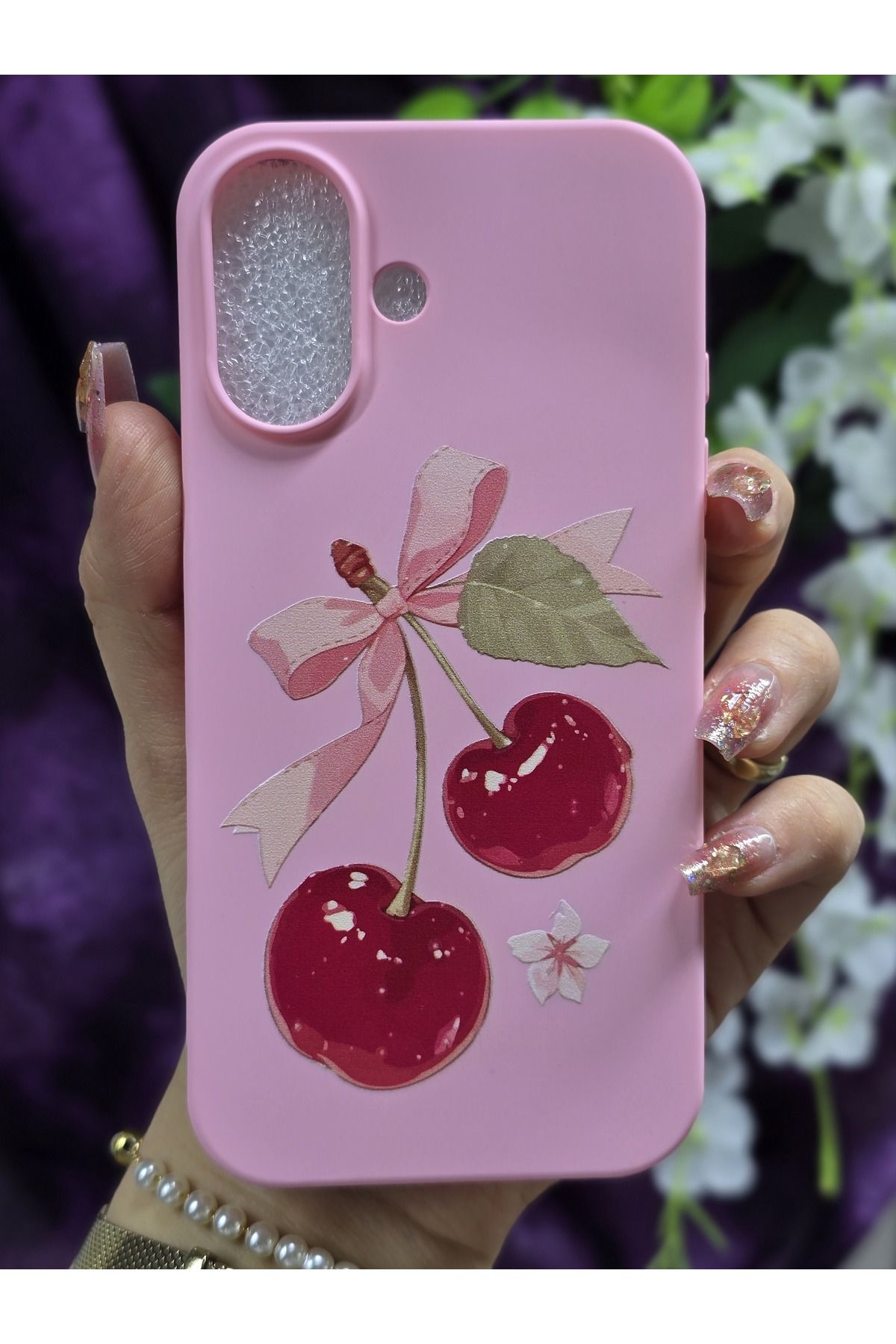 Magic Ring iPhone 16 Uyumlu Kiraz ve Kurdele Desenli İçi Kadife Sert Silikon Pembe Telefon Kılıfı