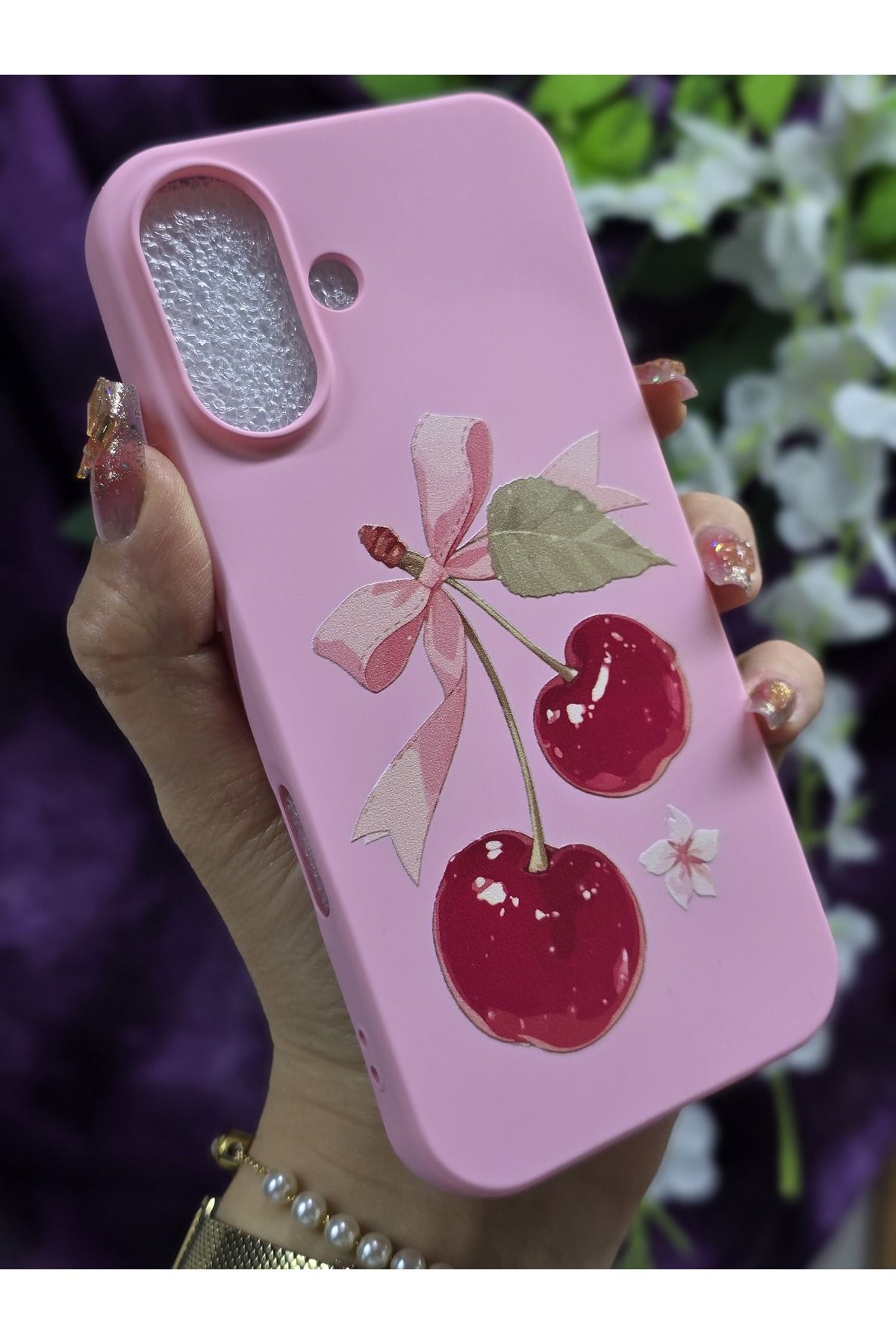 Magic Ring iPhone 16 Uyumlu Kiraz ve Kurdele Desenli İçi Kadife Sert Silikon Pembe Telefon Kılıfı - Görsel 3