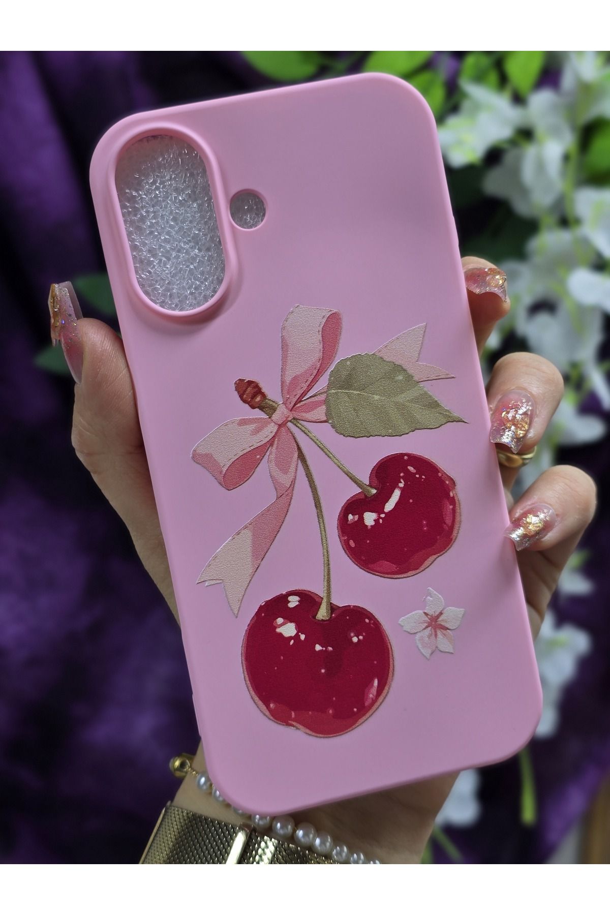Magic Ring iPhone 16 Uyumlu Kiraz ve Kurdele Desenli İçi Kadife Sert Silikon Pembe Telefon Kılıfı - Görsel 4