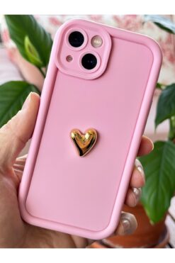 Fibaks Apple iPhone 13 Kılıf 3D Kalp Tasarımlı Pembe Desenli Yumuşak Kamera Korumalı Silikon Kapak