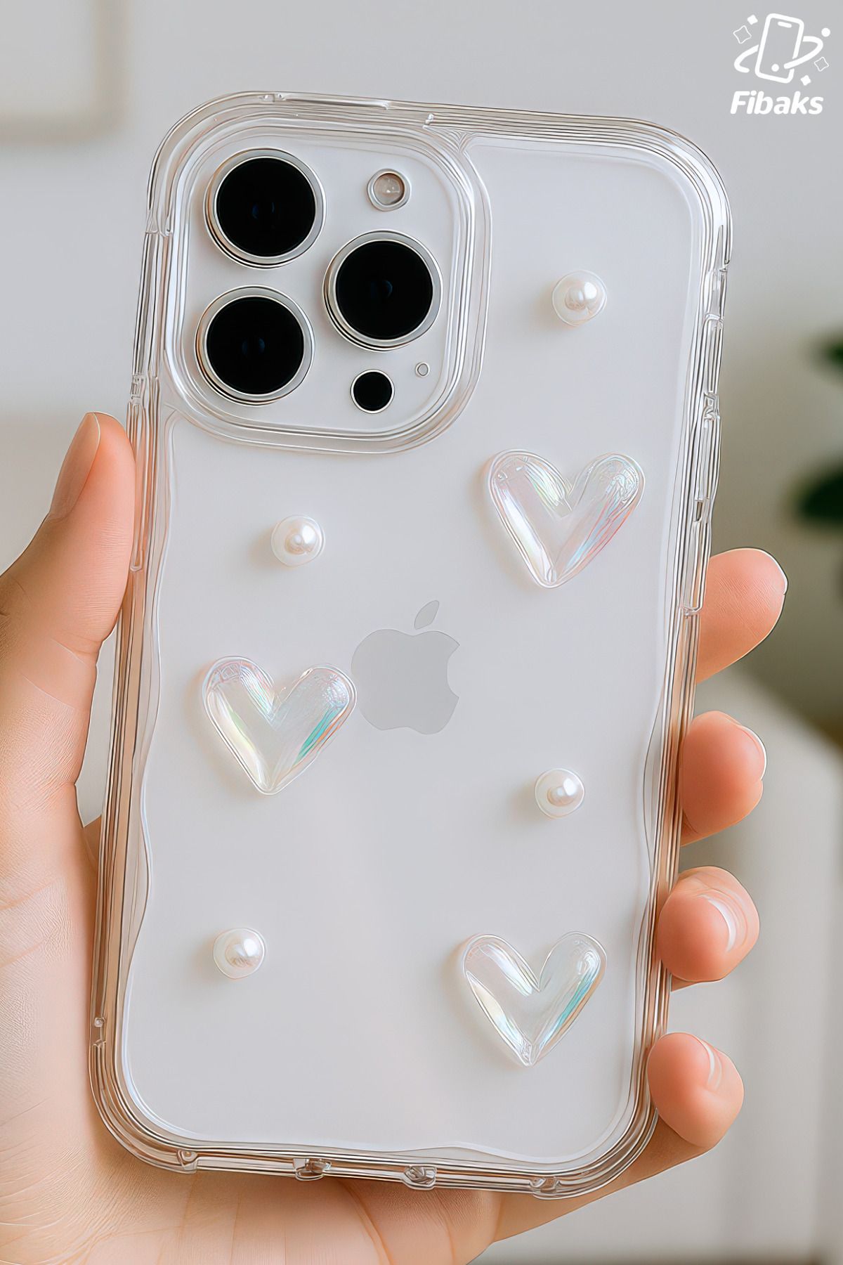 Fibaks Apple iPhone 13 Pro Max Kılıf 3D Kalpli İnci Tasarımlı Desenli Kamera Korumalı Şeffaf Silikon Kapak - Görsel 3