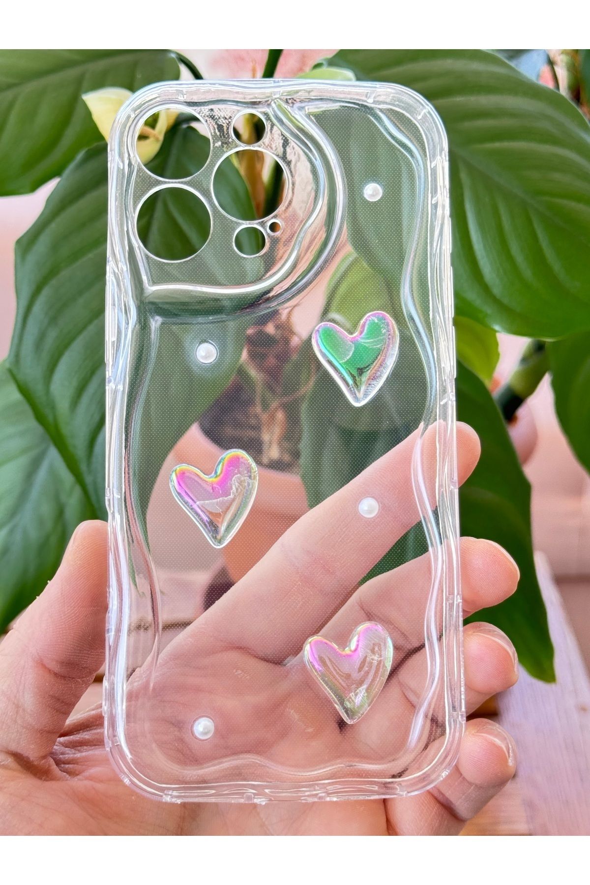 Fibaks Apple iPhone 13 Pro Max Kılıf 3D Kalpli İnci Tasarımlı Desenli Kamera Korumalı Şeffaf Silikon Kapak - Görsel 5