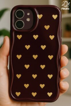 Fibaks Apple iPhone 11 Kılıf Kamera Korumalı Dalga Kenarlı Minik Sarı Kalp Desenli Bordo Silikon Kapak