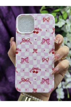 Magic Ring iPhone 13/14 Uyumlu Kurdele ve Kiraz Desenli İçi Kadife Sert Silikon Beyaz Telefon Kılıfı