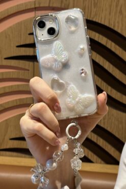 Paladyum Case iPhone 13 Uyumlu Lux Işıltılı İnci Charmlı Kelebekli Kılıf