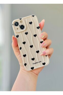 MirazTasarim IPHONE 13 UYUMLU KREM RENK DALGALI SİYAH KALP DESENLİ KILIF