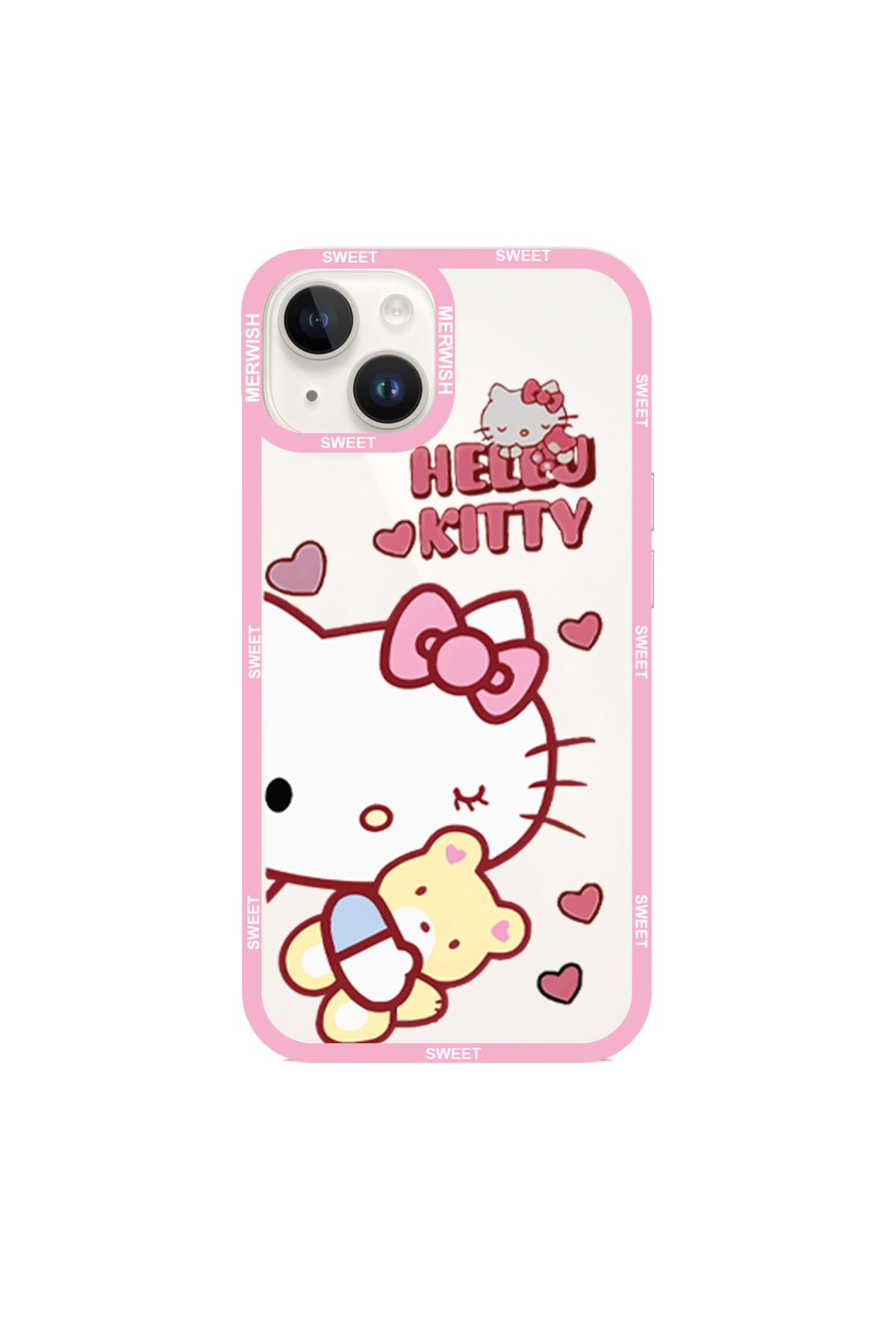 Merwish İphone 13 Ve 14 Uyumlu Lüx 2mm Kamera Korumalı Hello Kitty Desenli Silikon Kılıf