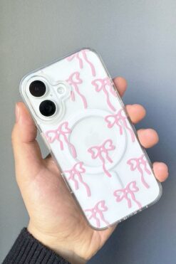 KVK PRİVACY Apple Iphone 16 Uyumlu Pembe Fiyonk Desenli Magsafe Şeffaf Kılıf Darbeye Dayanıklı Kapak