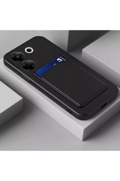 Fibaks Tecno Camon 20 Pro 4G Kılıf Kamera Korumalı Kartlıklı Cüzdanlı Kırmızı Tuşlu Siyah Silikon Kapak