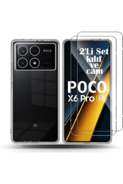 m.tk moveteck Xiaomi Poco X6 Pro Kılıf Kamera Çıkıntılı Yumuşak Şeffaf Silikon + 9h Ekran Koruyucu Cam Set 2'Li