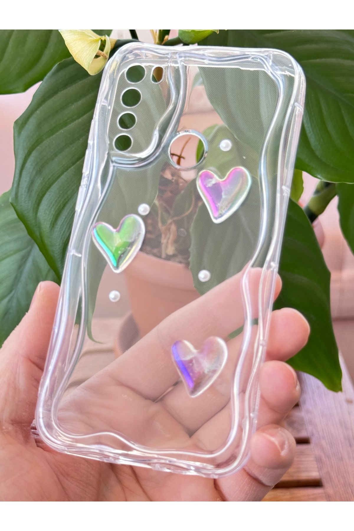 Fibaks Xiaomi Redmi Note 8 Kılıf 3D Kalpli İnci Tasarımlı Desenli Kamera Korumalı Şeffaf Silikon Kapak