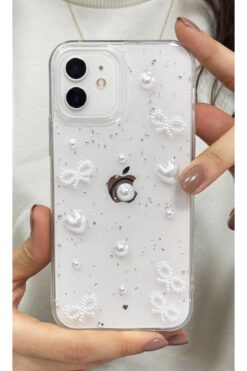 KVK PRİVACY İphone 12/12pro Uyumlu Kılıf Inci Kalpli Fiyonk Şeffaf Kılıf Simli Darbeye Karşı Dayanıklı Kapak