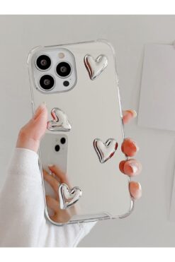 KVK PRİVACY İphone 15 Pro Max uyumlu Aynalı Kılıf Gümüş Kalp Tasarımlı Şık Darbelere Karşı Dayanıklı Esnek Kapak