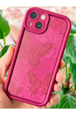Fibaks Apple iPhone 13 Kılıf Yumuşak Dokulu Kelebek Desenli Yumuşak Kamera Korumalı Mürdüm Silikon Kapak