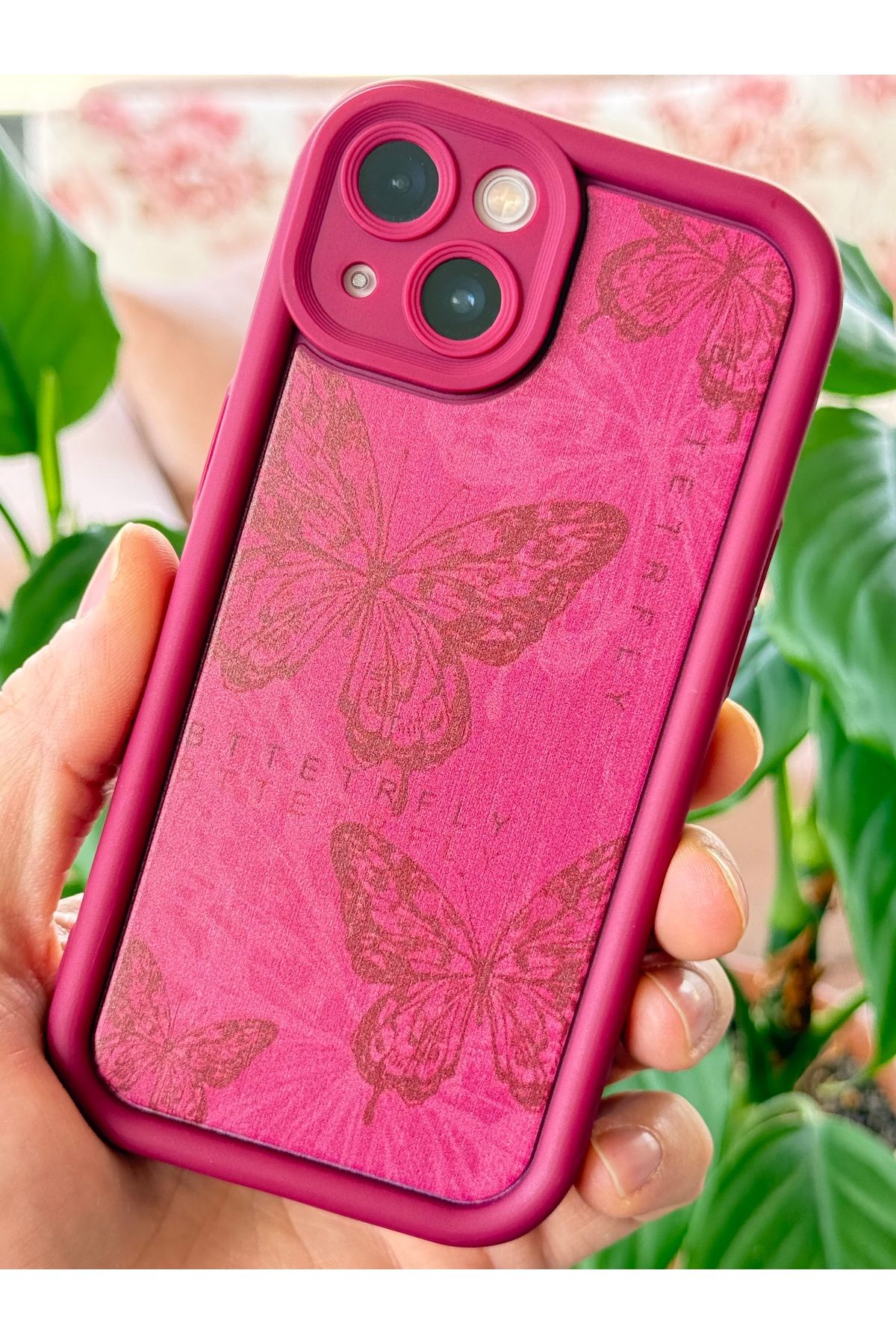 Fibaks Apple iPhone 13 Kılıf Yumuşak Dokulu Kelebek Desenli Yumuşak Kamera Korumalı Mürdüm Silikon Kapak