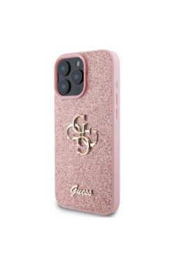 Guess iPhone 16 Pro Max Uyumlu Kılıf Guess  Lisanslı 4G Büyük Metal Logolu Glitter Kapak Pembe