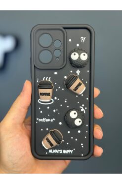 Fibaks Redmi Note 12 4g Kılıf Tasarımlı Desenli Kamera Korumalı Coffee Kurabiye Siyah Yumuşak Silikon Kapak