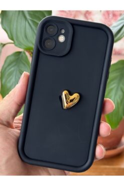 Fibaks Apple iPhone 11 Kılıf 3D Kalp Tasarımlı Siyah Desenli Yumuşak Kamera Korumalı Silikon Kapak