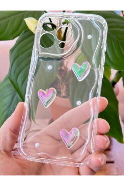 Fibaks Apple iPhone 16 Pro Kılıf 3D Kalpli İnci Tasarımlı Desenli Kamera Korumalı Şeffaf Silikon Kapak